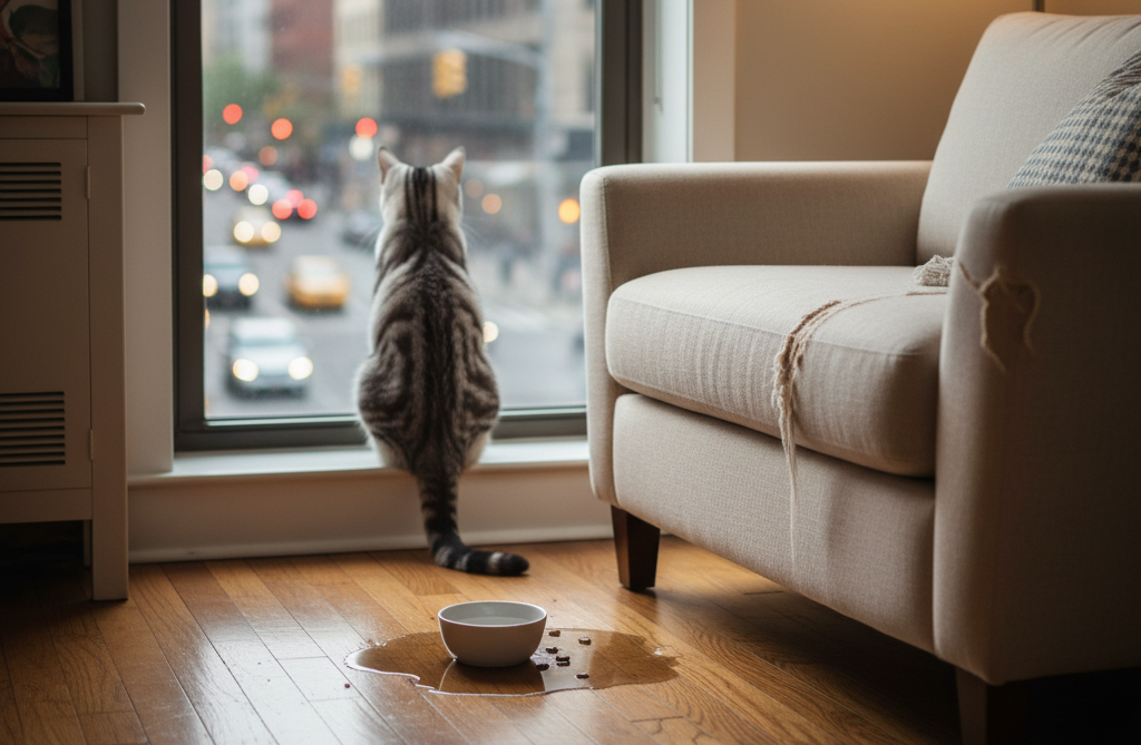 A tabby cat gazes out a city apartment window from the sill. Nearby, a sofa with scratch marks and a tipped-over water bowl on the hardwood floor convey a mood of restless energy and confinement.