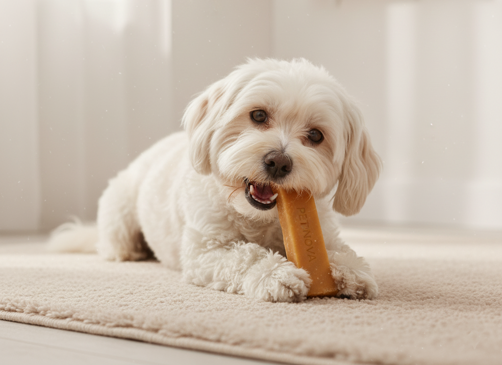 A dog chewing a PetNova's Yak Chews