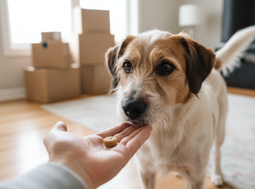 Rescue mutt tentatively taking a treat from a person's outstretched hand in a bright new home with moving boxes, symbolizing trust-building and a new beginning.